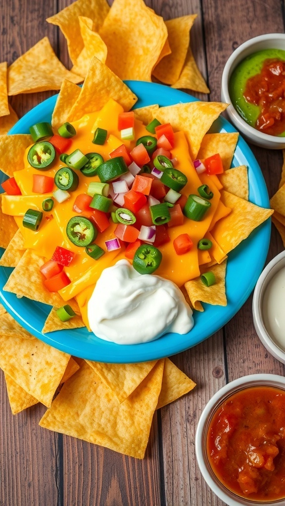 Cheesy Nachos Recipe A colorful plate of nachos with cheese, jalapeños, and toppings, served with dips on a wooden table.